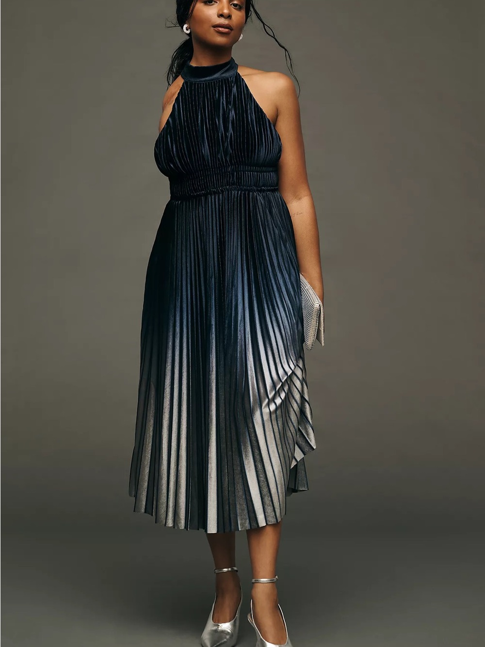Elegant Navy Halter Pleated Velvet Midi Dress